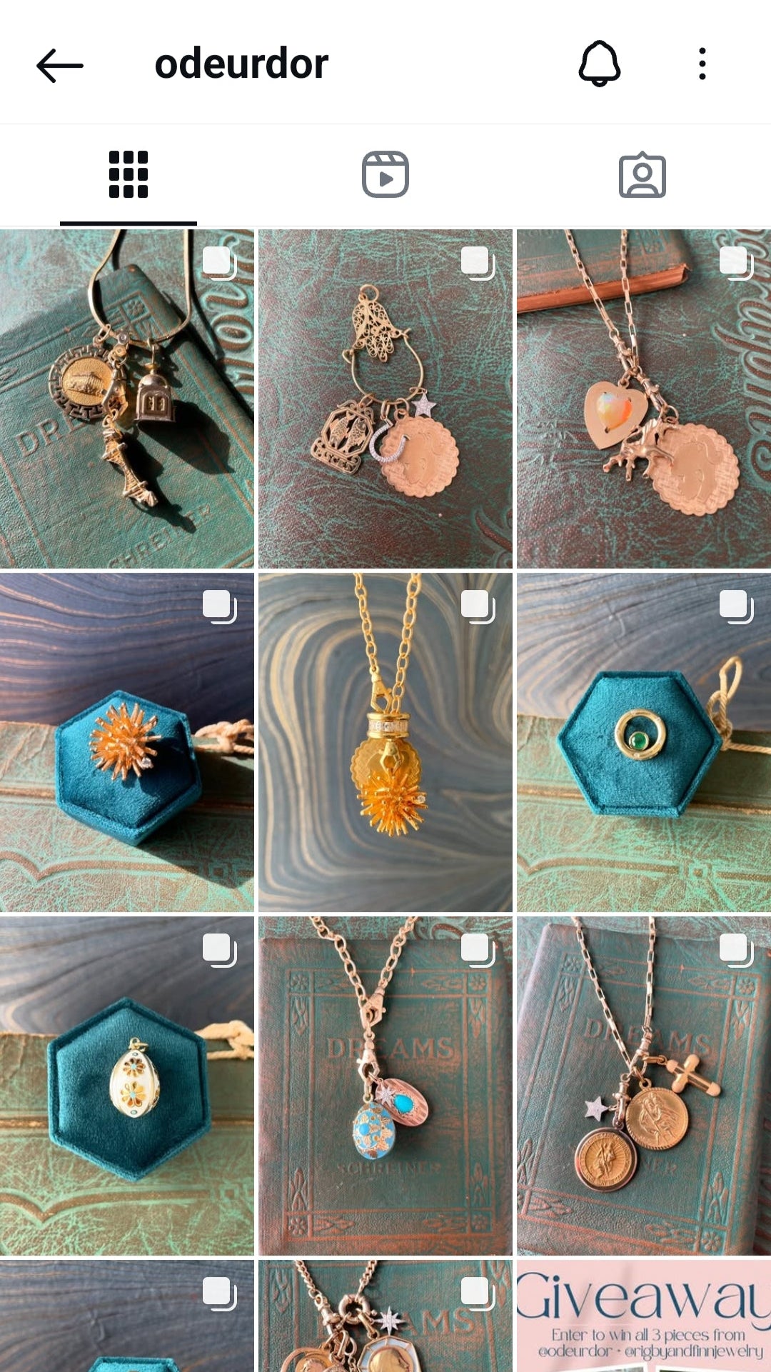 Instagram grid featuring vintage gold jewelry and assembled to order new jewelry