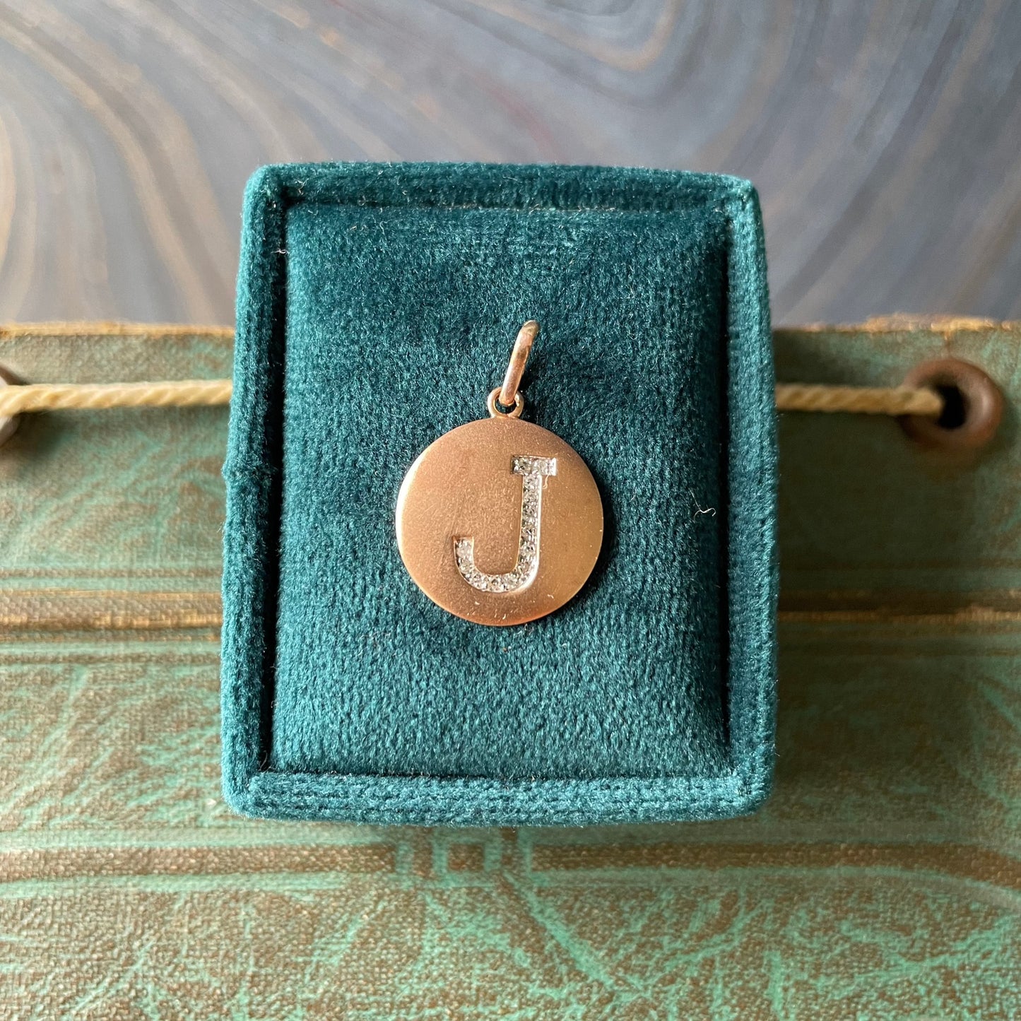 14k rose gold matte disk charm with diamond J initial